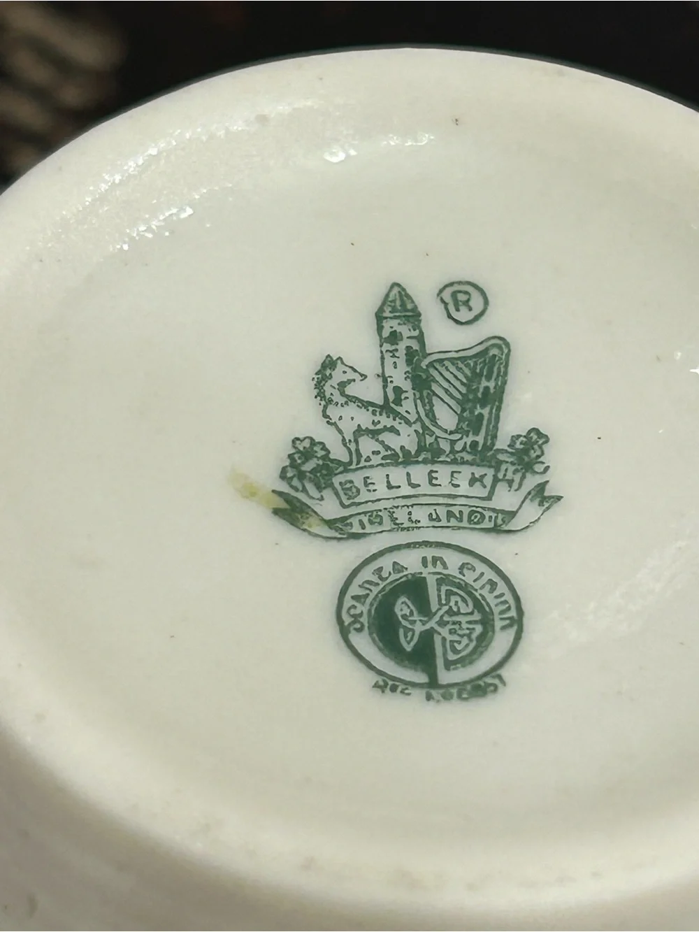 Belleek Shamrock Tea Cup and Saucer Green Marked Porcelain Stamp on Ivory Base